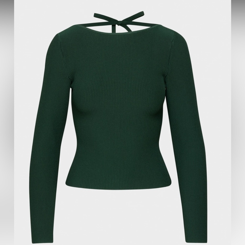 NEW Babaton Scarab Green Sculpt Knit Scouted Ribbed Open Back Longsleeve Blouse